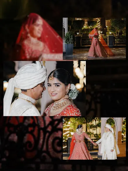 A collage of a nighttime wedding ceremony. It captures the couple's portraits and interactions, beautifully lit against the dark background.