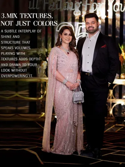 A lovely couple demonstrating the power of texture. The bride's blush pink embellished sari creates a subtle interplay of shine and structure that speaks volumes.