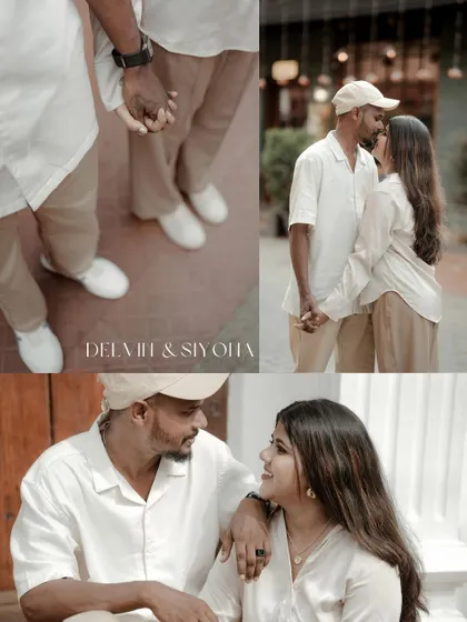 This collage highlights the tender moments of a pre-wedding shoot, from holding hands to sharing a gentle kiss on the forehead.