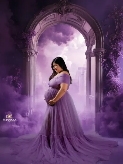 A dramatic and moody portrait using purple smoke and a gothic archway. This creative setup is for clients who want a unique, high-fashion maternity photo.