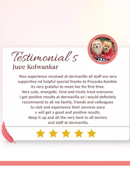 It's always great to hear that my team is providing supportive and helpful service. Positive results are a combination of effective treatments and a caring environment, and I'm happy Juee experienced both at my clinic.