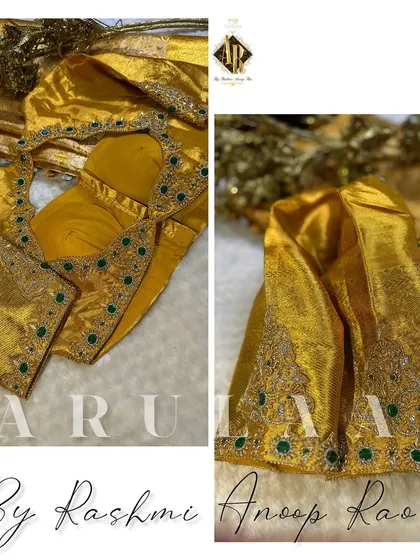 A closer look at the mustard yellow blouse with green stone detailing. The intricate zardosi work around the stones gives it a very royal and polished finish.