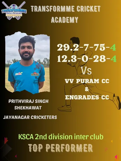 Prithviraj Singh Shekhawat's consistent performance in the 2nd Division league, taking 4 wickets in two consecutive games for Jayanagar Cricketers, one of our partner clubs.