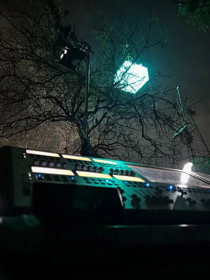 A close-up of the lighting control board on the 'Kishkindhapuri' set, with the moonbox visible in the background. This is where our technicians fine-tune the color and intensity.