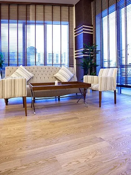 In this bright office or waiting area, I used a light-colored wood floor to create a professional yet welcoming environment. The flooring choice helps to maximize the natural light from the large windows.