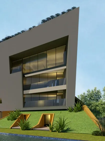 A render of brigade utopia, illustrating the integration of green roofs and terraced landscaping.