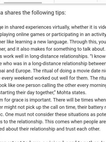 Here are my practical tips for long-distance couples, as featured in Mid-Day. I recommend shared virtual experiences, establishing rituals, and having a "room for grace" when things don't go as planned.