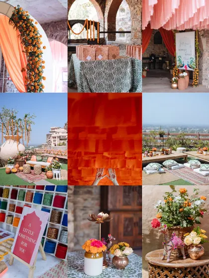 A collage of the vibrant Mehendi decor at Fort Neemrana, featuring orange and pink drapes, marigolds, and unique guest favors.