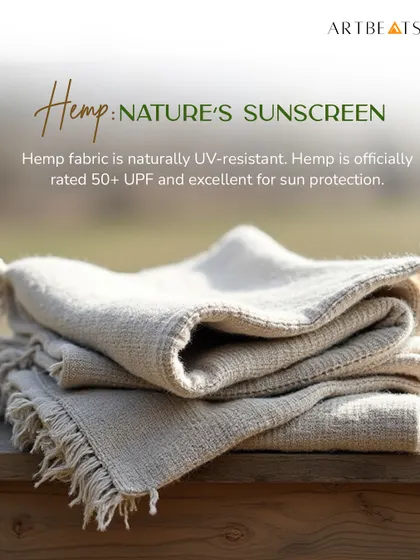 Hemp is nature's sunscreen. This image explains how hemp fabric is naturally UV-resistant with a 50+ UPF rating, making it an excellent choice for sun protection.