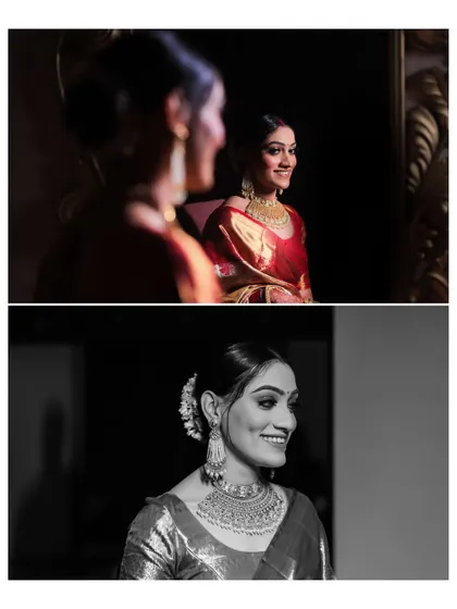 A collage of the bride's getting-ready portraits, in both color and black and white. These images capture her radiant smile and the timeless elegance of her look.