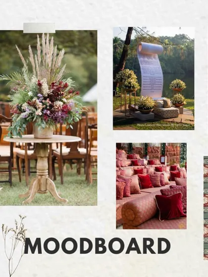 More details for the 'Regal Rustic Reverie' theme, including inspiration for the floral arrangements, the custom love-story scroll, and the elegant seating.