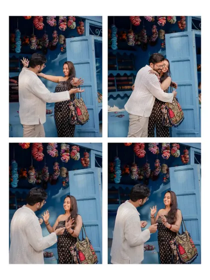 A collage capturing the sweet surprise and hug as the groom presents a gift to his fiancée at a colorful market stall.