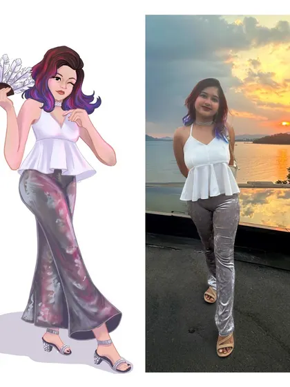 This piece features my sunset-viewing outfit from my bachelorette trip. The digital illustration brings out the shimmer of the pants and the peplum detail of the top.