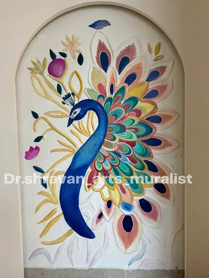 A vibrant and colorful peacock mural designed to fit within an arched niche. The feathers are painted in a rainbow of colors, making it a joyful and eye-catching piece of art.