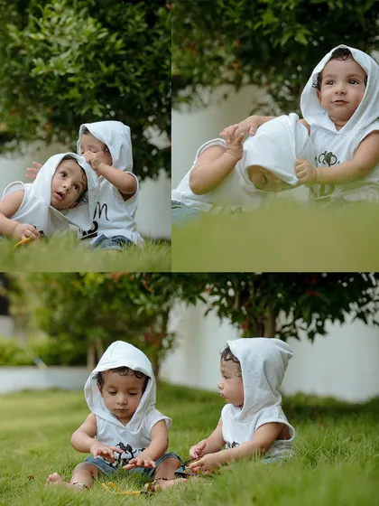 This collage from an outdoor baby photography session shows two brothers in matching white hoodies interacting and playing naturally on the grass, capturing their genuine expressions.