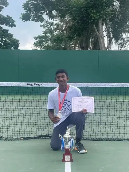 Kneeling with pride. Nithinbarath KS after his successful run in the CISCE Regional U-17 tournament. The hard work continues.
