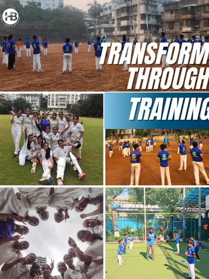 Transform through training. This collage showcases the dedication of our athletes, including our girls' cricket team, and the strong sense of unity in their team huddles.
