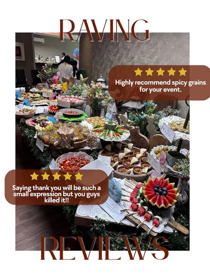 "Highly recommend spicy grains for your event." This collage of glowing reviews over one of our beautiful grazing tables fills us with immense gratitude and pride.