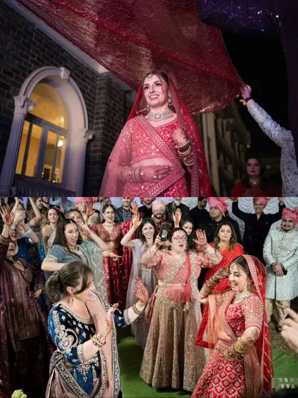 A collage showing the bride's grand entrance and the joyful dance of her family and friends from abroad, all embracing the Indian wedding traditions.