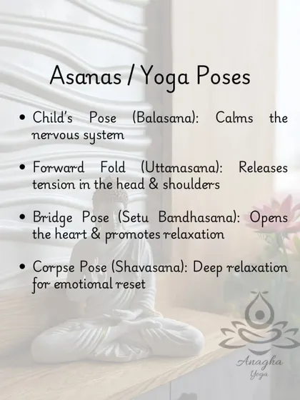 This graphic lists the key asanas I use for anger management, including Child's Pose for calming and Bridge Pose for promoting relaxation and emotional release.
