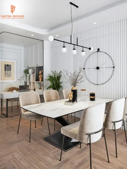 This space shows how you can integrate a dining area and a home office without compromising on style. The fluted wall panel, modern chandelier, and herringbone flooring create a sophisticated and multi-functional room.