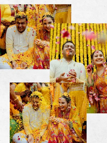 A dynamic collage showing the couple being showered with flower petals during their Haldi. The photos capture their ecstatic expressions and the vibrant colors of the celebration.