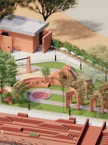 The play zone at Ganesh Talav, designed with a mini-amphitheater and play equipment. This area provides a dedicated space for children and families away from the main waterfront.