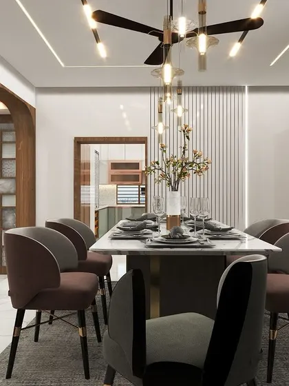 A 3D render of a formal dining area, featuring a marble-top table, plush chairs, and a dramatic chandelier. The design incorporates wooden arches and a traditional screen for a classic touch.