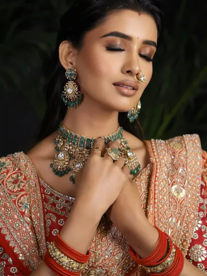 A moment of quiet elegance. This shot highlights the blended smokey eye and the intricate details of the jewellery and outfit.