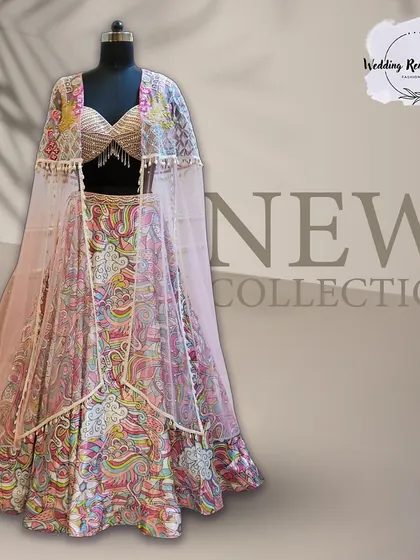 Our popular "soft girl" lehenga, now available in our new collection. The printed skirt and cape make it a fun and trendy choice.