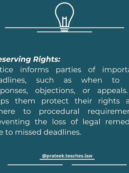 This post focuses on Preserving Rights, explaining that a notice informs parties of critical deadlines for filing responses or appeals, preventing the loss of legal remedies.