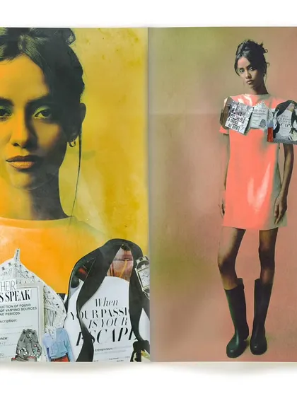 Another magazine spread layout, contrasting a full-body shot with a close-up portrait. The use of color overlays and collage elements creates a visually rich narrative about fashion media.