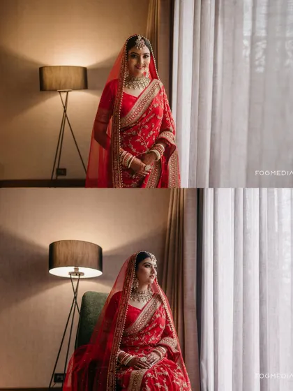 A collage of two portraits of the bride in her stunning red saree, one standing and one seated, both radiating elegance.