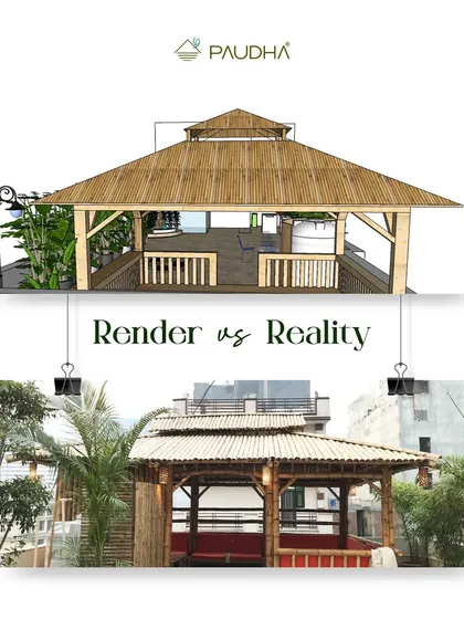 From a 3D render to reality. This image shows how our detailed design visualizations translate into the final product. We planned this beautiful bamboo gazebo to perfection, ensuring the real-life result matches the dream we presented to our client.