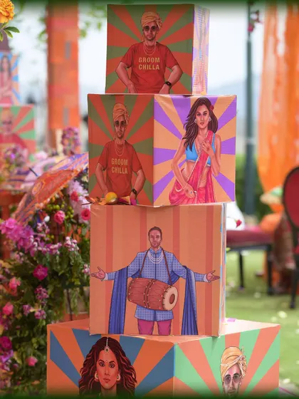 Custom-designed pop-art boxes used as decor for Taapsee Pannu's Haldi, reflecting her quirky and fun personality.