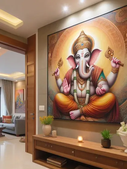 Invite blessings and positive energy into your home with a custom Ganesha painting. Ideal for an entryway or foyer, this piece was commissioned to align with Vaastu principles, creating a welcoming and auspicious first impression for all who enter. We work with you to ensure the artwork's symbolism and placement are perfect for your space.