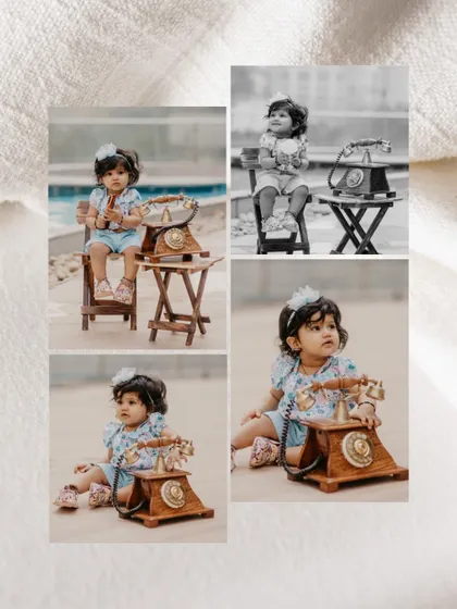 A stylish collage of a baby girl's poolside photoshoot, featuring a vintage telephone and a mix of color and black-and-white edits.