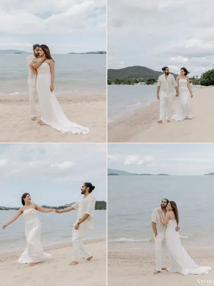 A four-image collage showing a variety of poses and interactions from a beautiful beach session in Thailand.