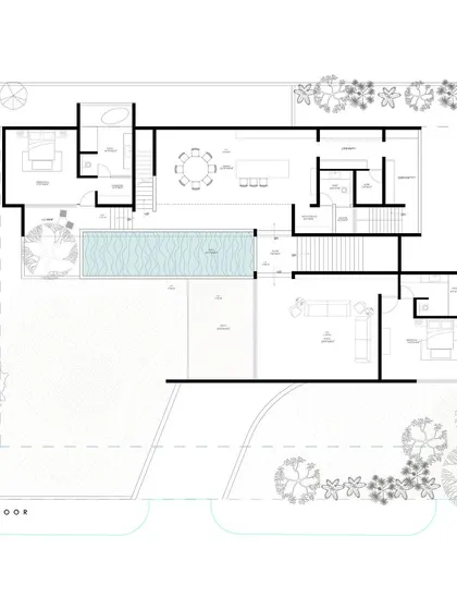 A first-floor plan for a proposed holiday home near Nandi Hills. The layout is organized around a central swimming pool, with all living spaces and bedrooms opening onto this private outdoor area.