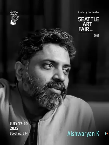The artist announcement for Aishwaryan K for the Seattle Art Fair, featuring his portrait.