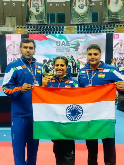 With one of our athletes after her victory at the UAE Open International Karate Championships. A proud moment for her and for Team India.
