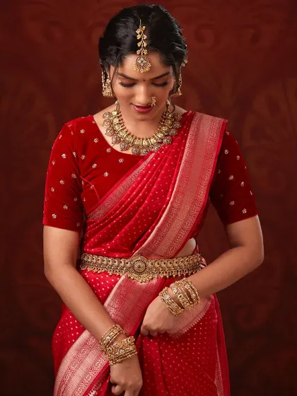 A graceful pose showing the fall of the saree and the elegance of the jewellery.