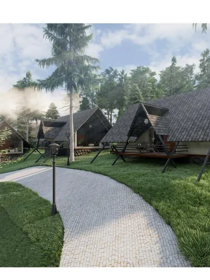 Another view of the resort proposal, emphasizing the community layout and the relationship between the cottages. The design clusters the units to foster a sense of village-like community while maintaining privacy and an uninterrupted connection to the wild landscape.