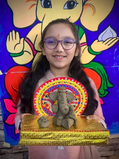 A beautifully detailed Ganesha idol ready to go home. We focus on teaching simple sculpting techniques that yield impressive results, boosting confidence in our young artists.