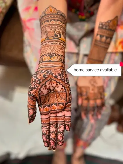 An intricate bridal design featuring swans, elephants, and a doli (palanquin) scene. I provide home service, so you can get your beautiful mehndi done in the comfort of your own home.