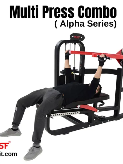 A user performs a decline press on the versatile Alpha Series Multi Press Combo.