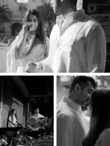 This black and white collage from the streets of Delhi captures a raw, photojournalistic feel. The images focus on candid moments, intimate gazes, and the play of light and shadow in an urban environment.