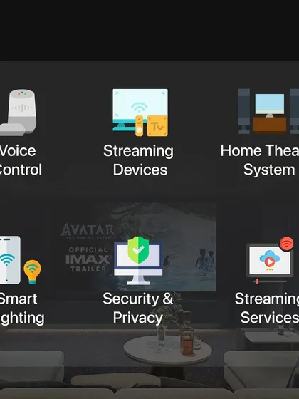 We bring all your home systems under one simple, powerful solution. This graphic illustrates how we integrate voice control, streaming devices, home theater systems, smart lighting, and security into a single, unified smart home experience for ultimate convenience and privacy.