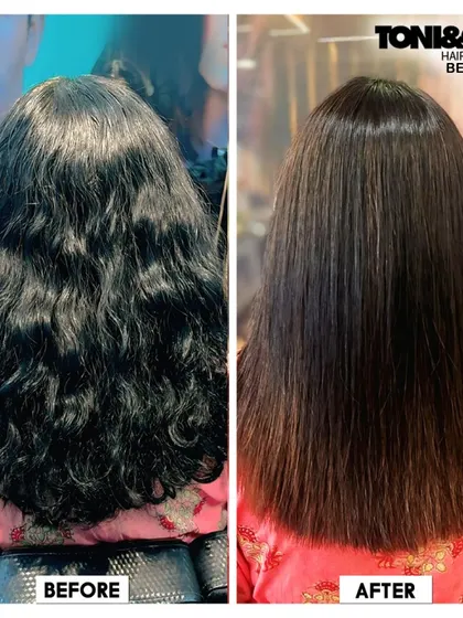 **Hero Item.** This is the transformation that inspires confidence. We took this client's hair from frizzy and hard to manage to incredibly smooth and sleek with a tailored smoothening therapy, making every day a good hair day.