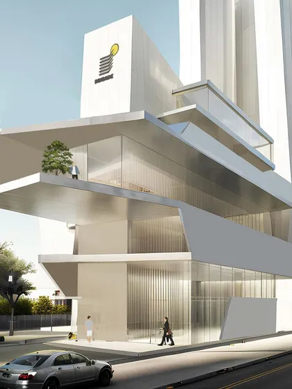 Another version of the cantilevered glass box concept, with a different facade treatment.